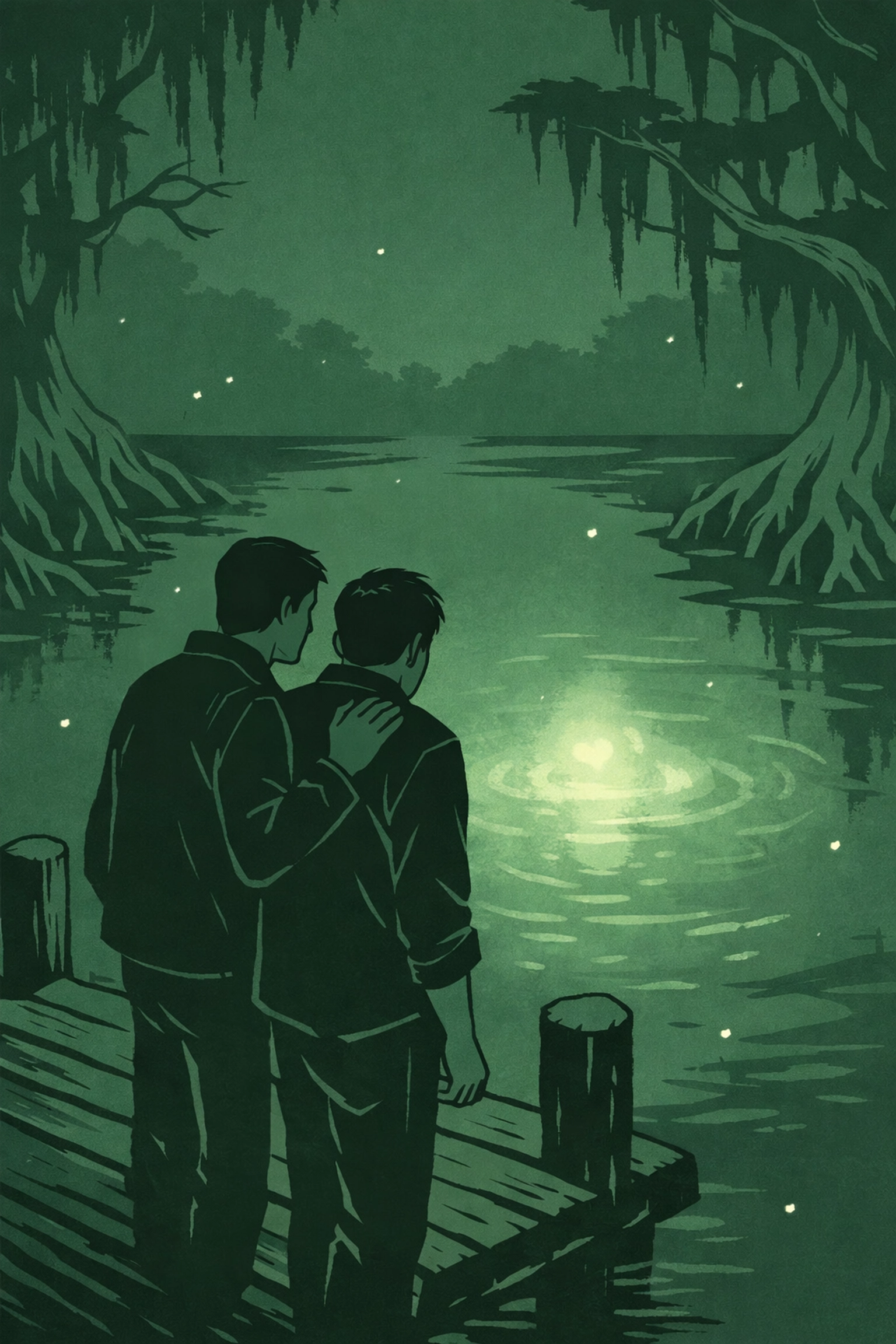 MM romance horror couple on dock facing supernatural threat in Louisiana swamp
