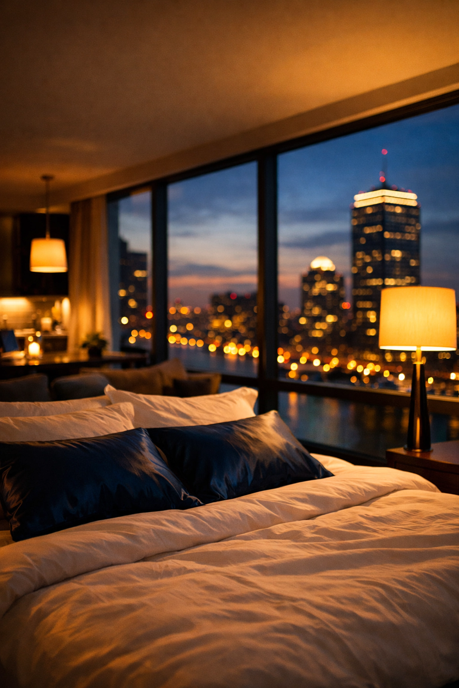 Impeccably cleaned Back Bay apartment bedroom overlooking the Boston skyline at twilight.