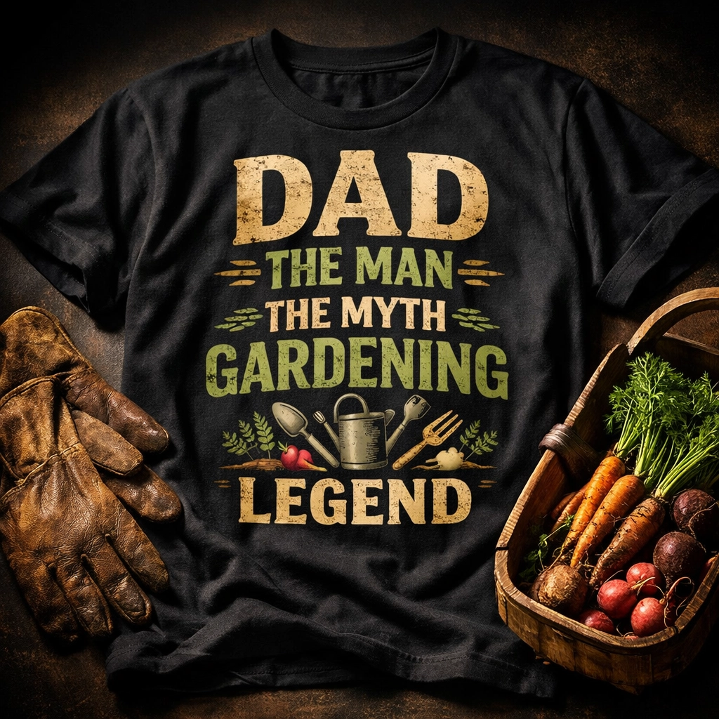 'Gardening Legend' t-shirt for dads shown with leather gloves and a wooden trug of fresh vegetables.