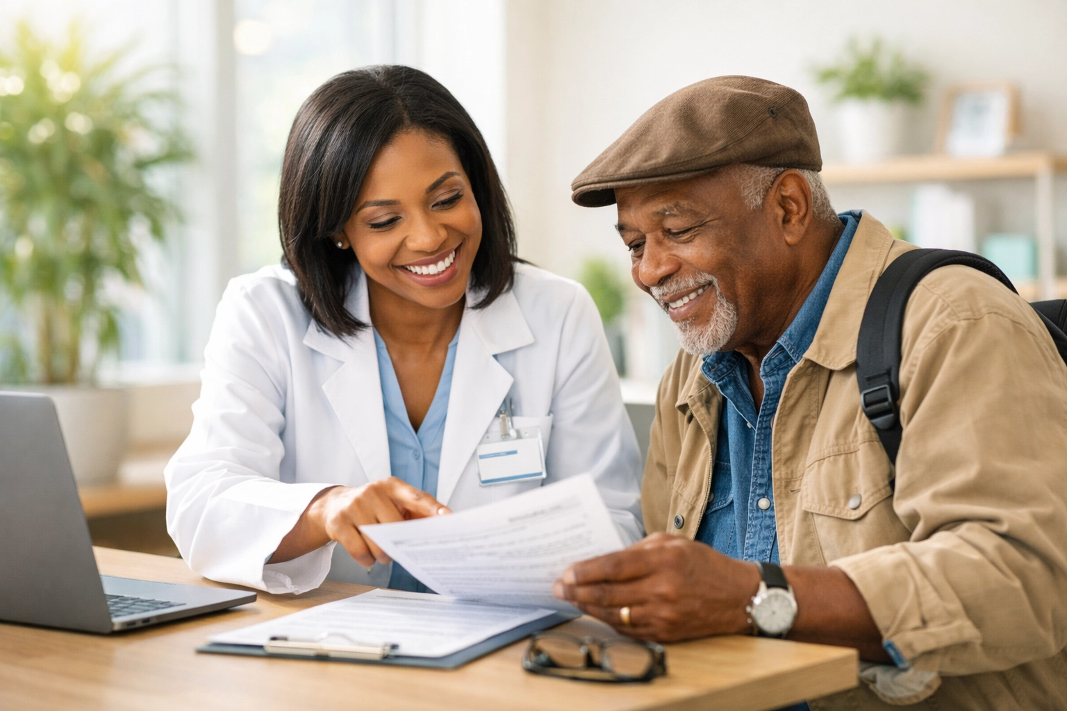 A care coordinator assisting a senior with hospital discharge paperwork in Durham, NC.