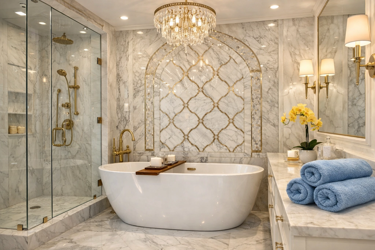 Sparkling clean luxury primary bathroom with marble accents after residential cleaning in Massachusetts.