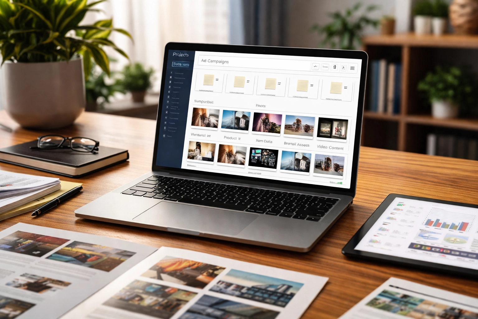 Laptop displaying a digital asset management dashboard in a creative agency setting highlights marketing workflow efficiency.