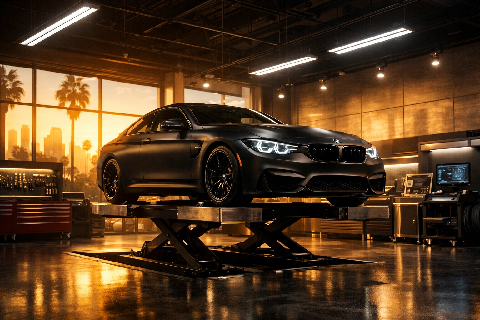 Matte-black BMW on a hydraulic lift at a specialized European car repair shop in North Hollywood.
