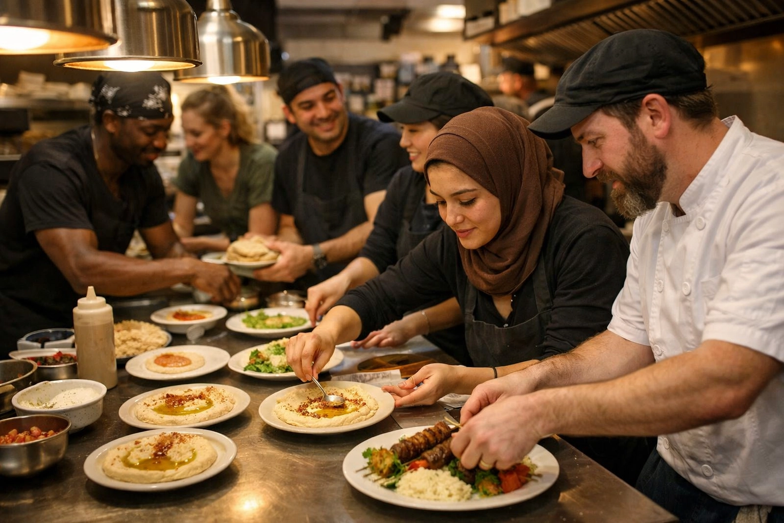 Restaurant kitchen staff preparing Mediterranean dishes like hummus and kebabs at Parasol at Flore
