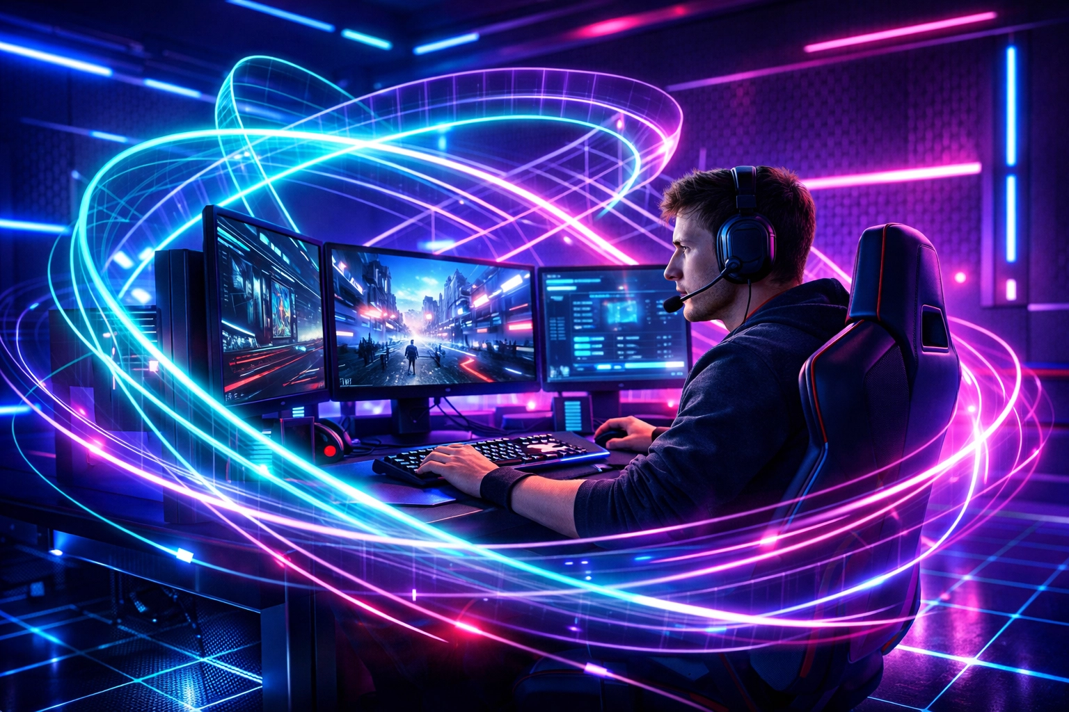 High-tech EsportsPod environment featuring immersive simulation hardware for Gen Z audience connectivity.