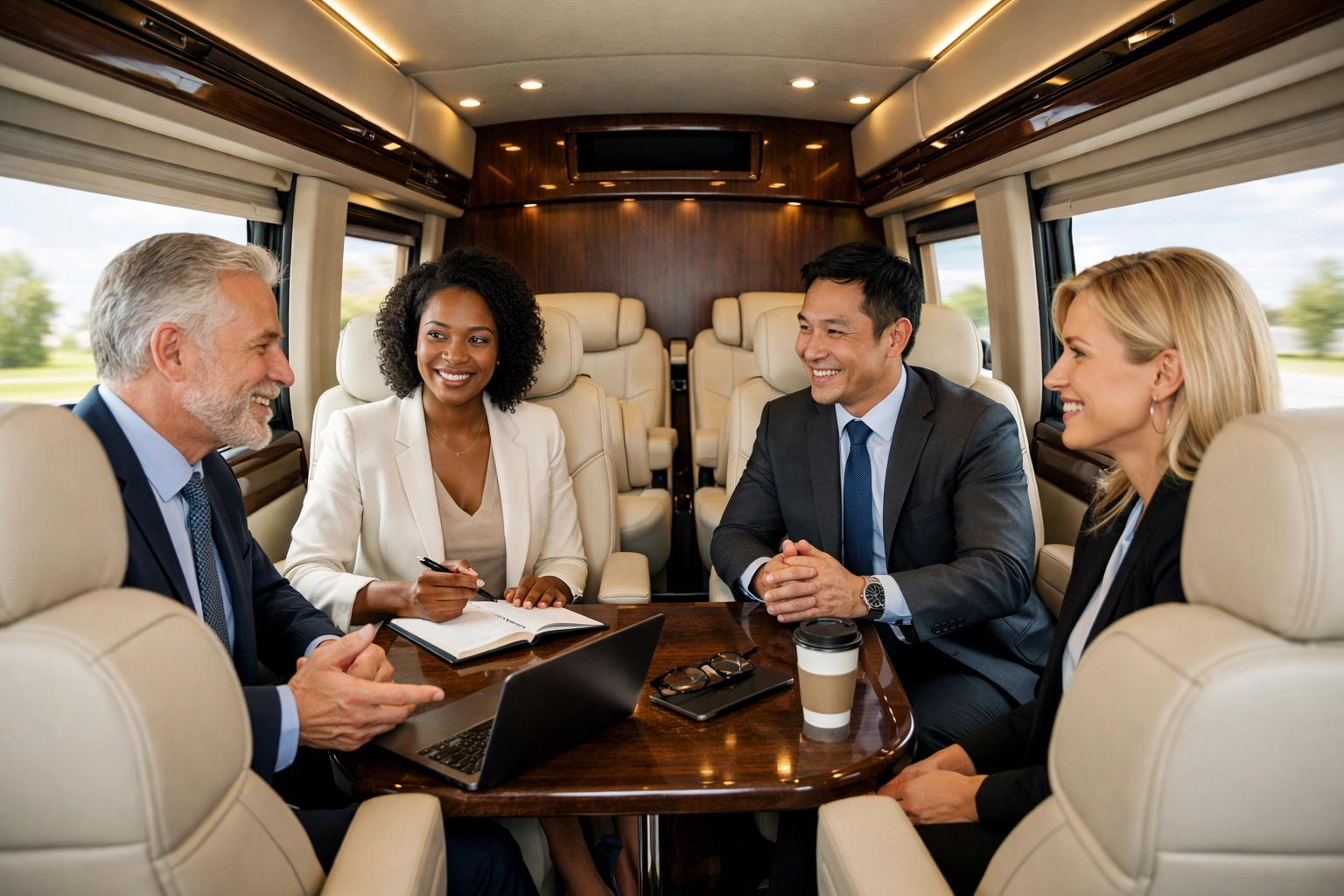Business professionals networking inside a luxury executive sprinter van for corporate group transportation.
