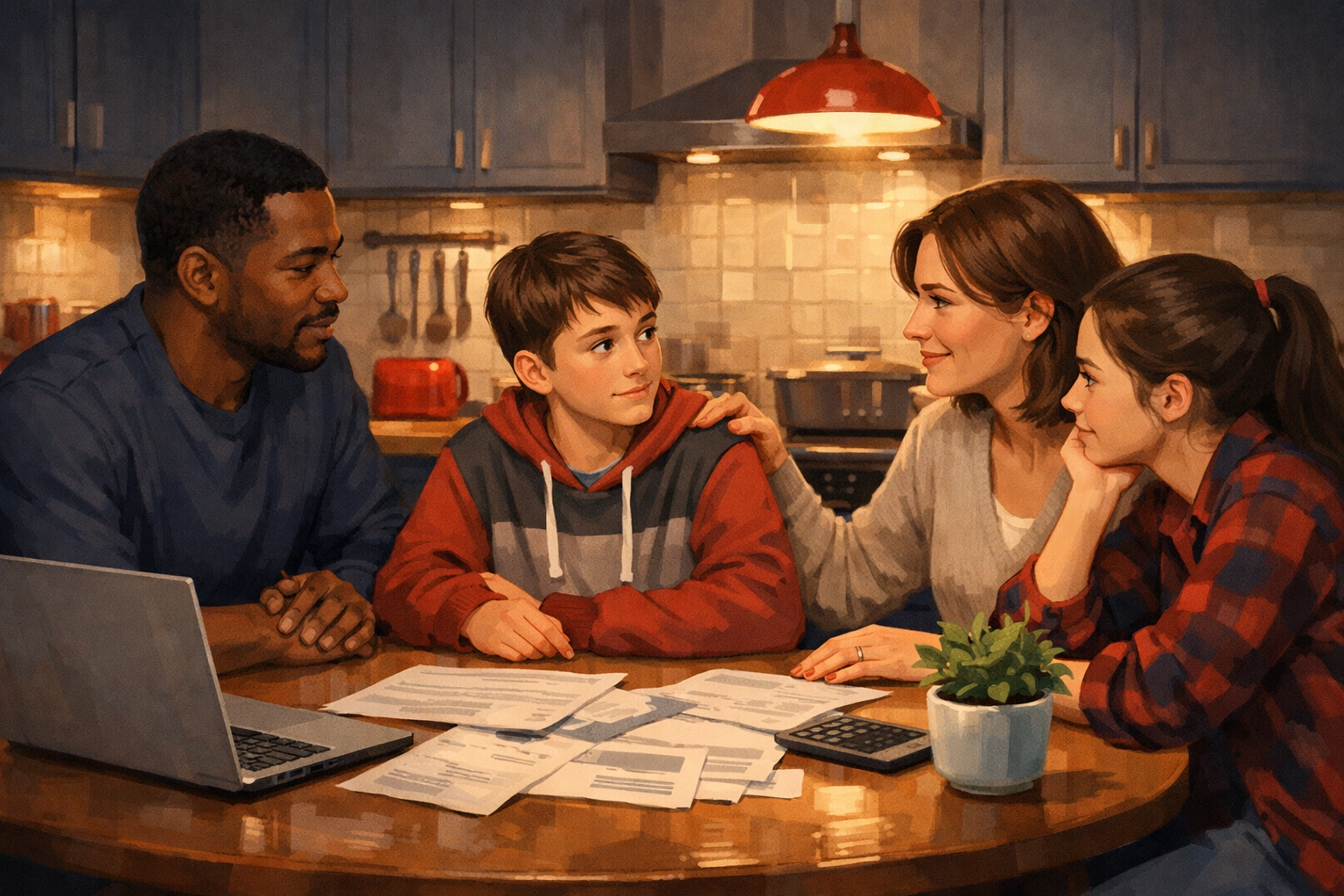 Family discussing finances together seeking guidance during economic uncertainty