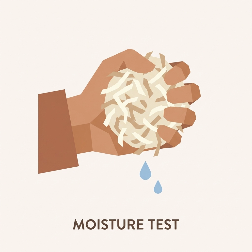 Hand squeezing moist shredded paper to demonstrate the correct bedding moisture for worm composting