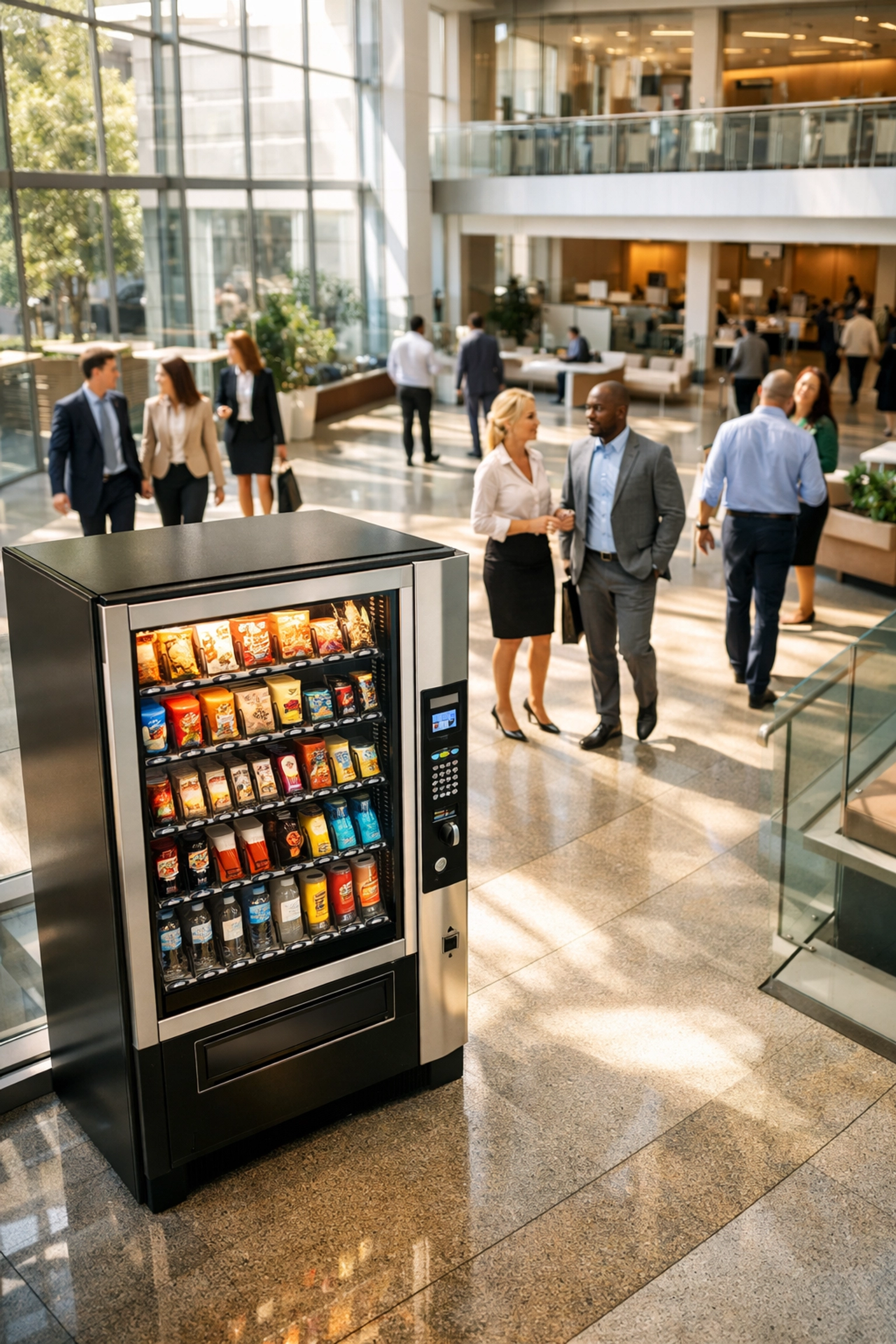 A well-stocked vending machine in a busy corporate atrium with office workers walking by.