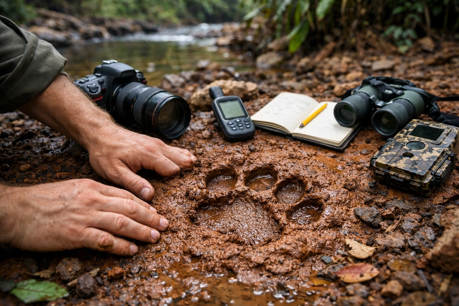Wildlife researcher examining tiger paw prints during conservation monitoring mission