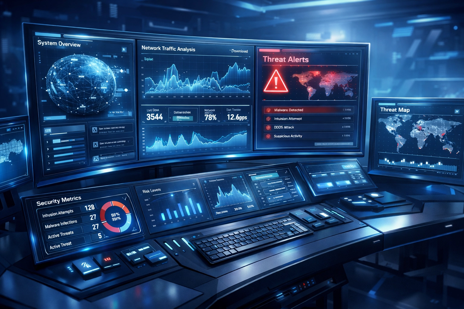 Network security monitoring dashboard displaying real-time threat detection and alerts