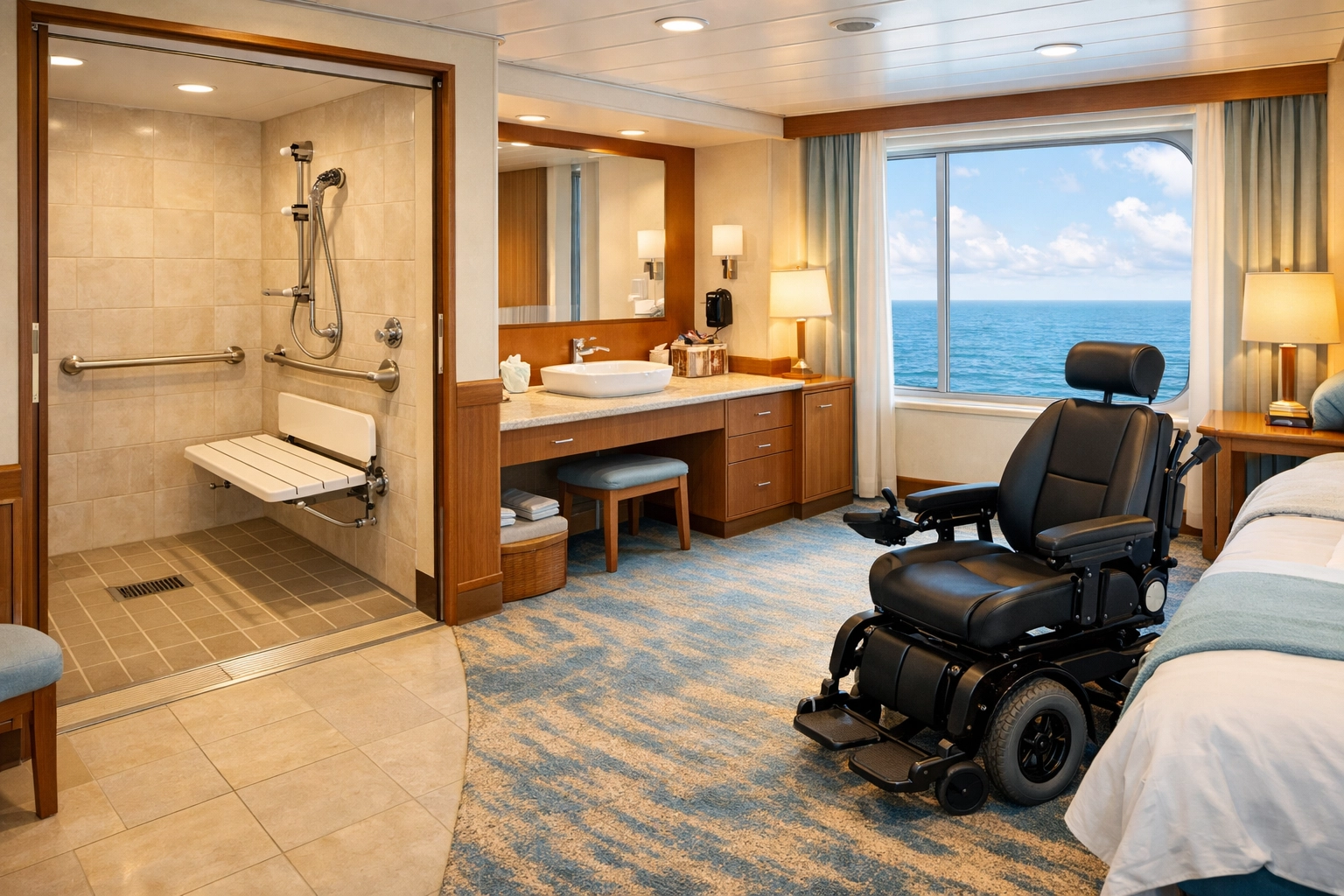 Accessible cruise cabin with roll-in shower, grab bars, and ocean view window