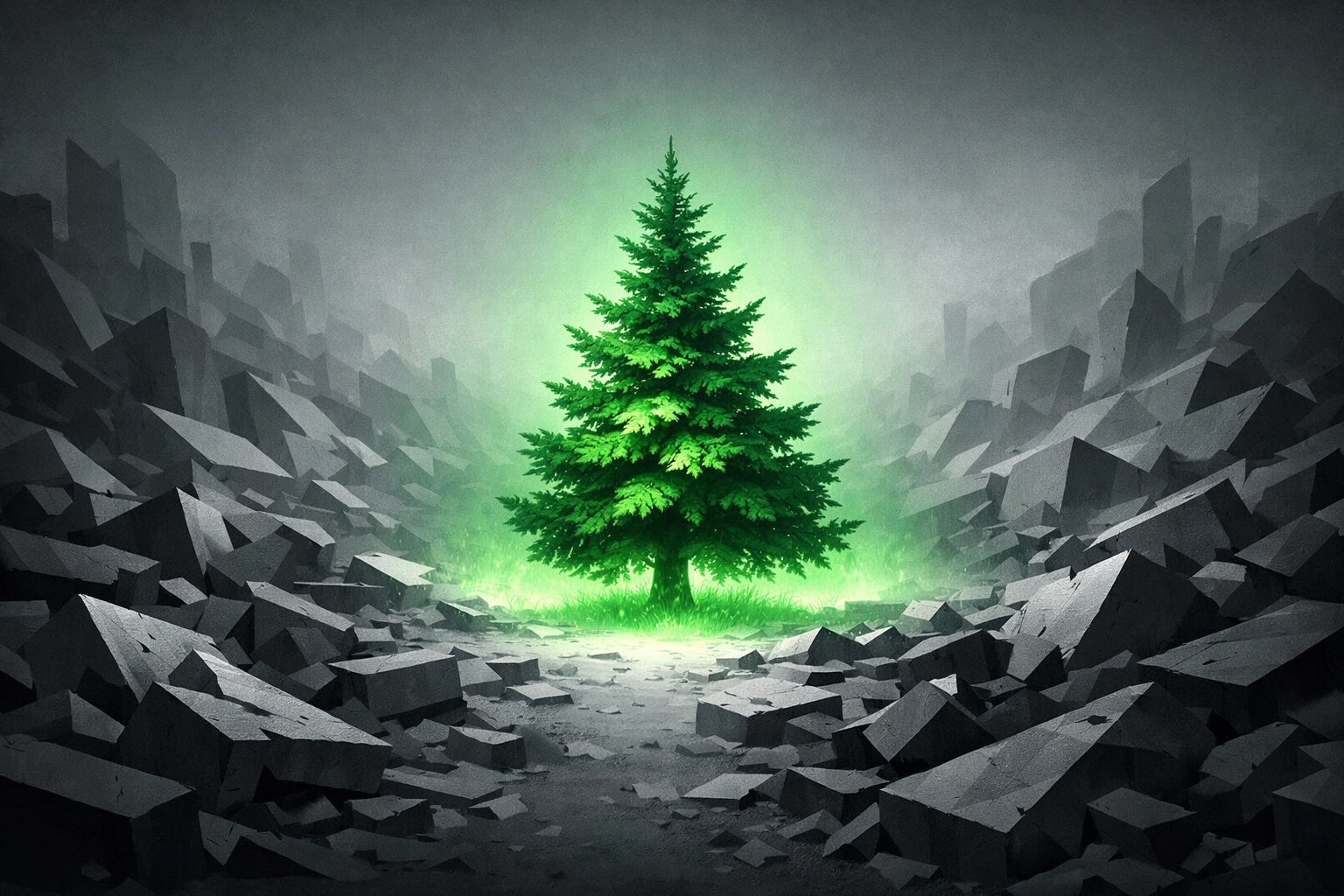 A glowing green pine tree in a monochromatic landscape, representing hope and grace in a messy world.