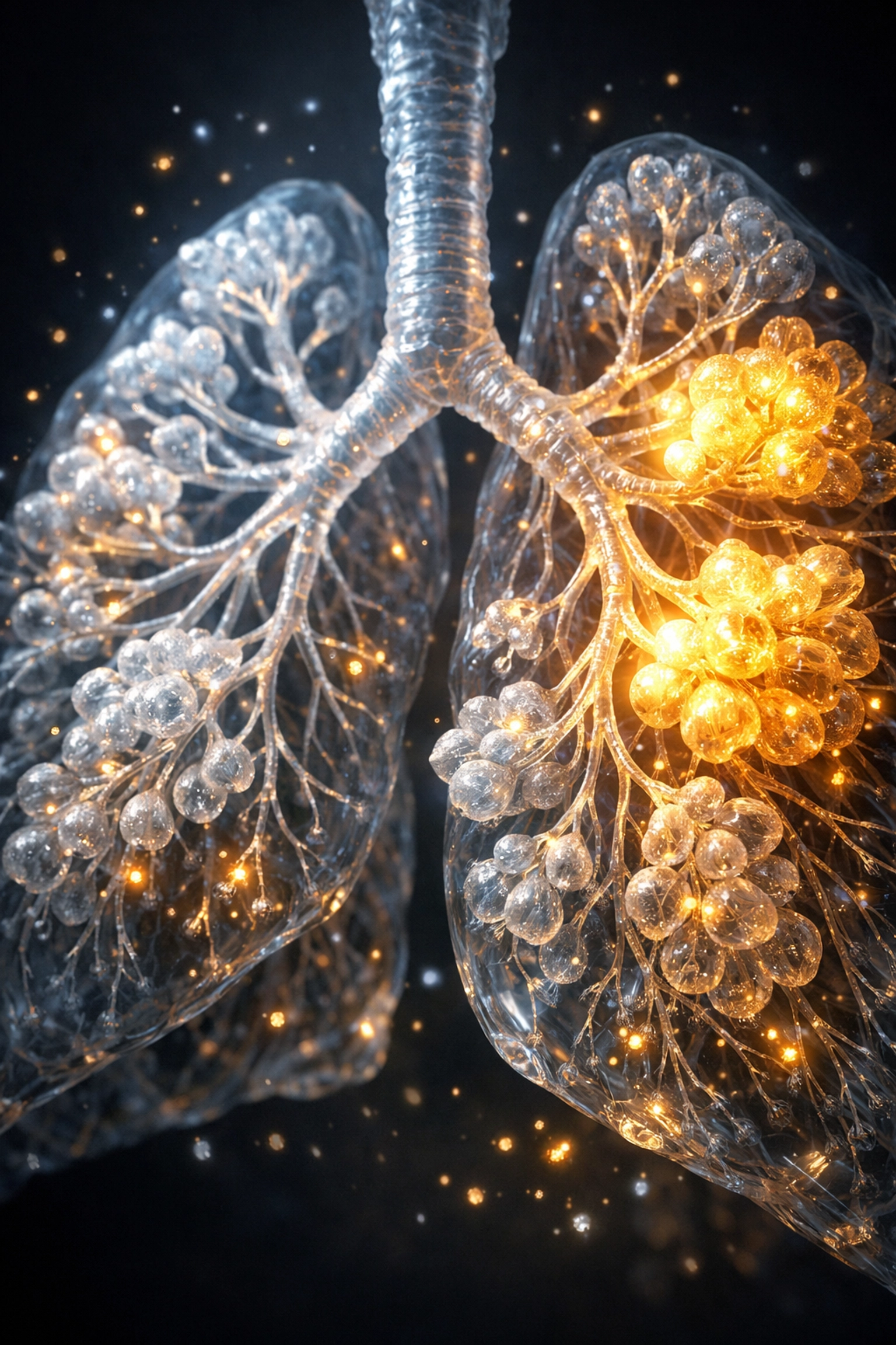 Illustration of lungs and glowing alveoli showing the physiological sigh breathing technique.