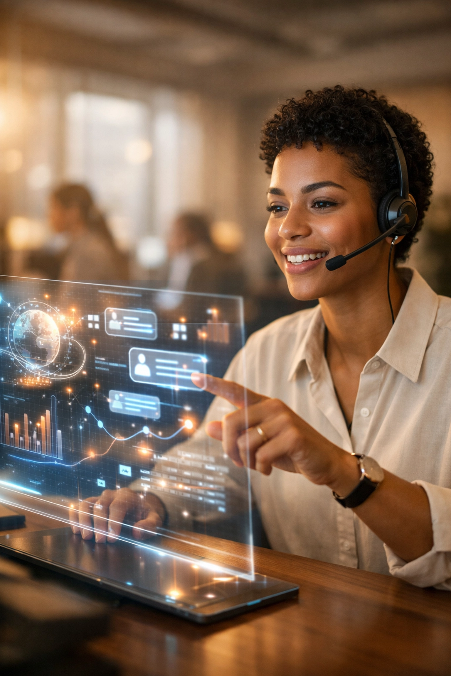 Customer service professional using a hybrid AI-human support interface in a modern office.