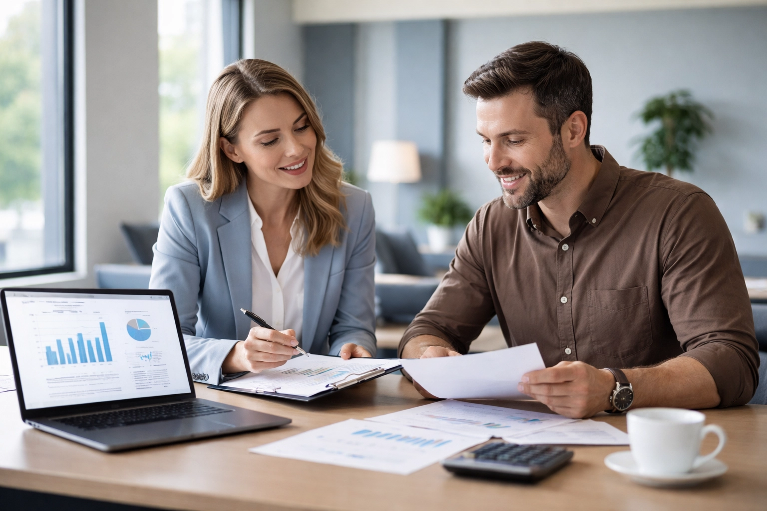 Bookkeeper and business owner collaborating at a conference table, demonstrating human oversight in bookkeeping.