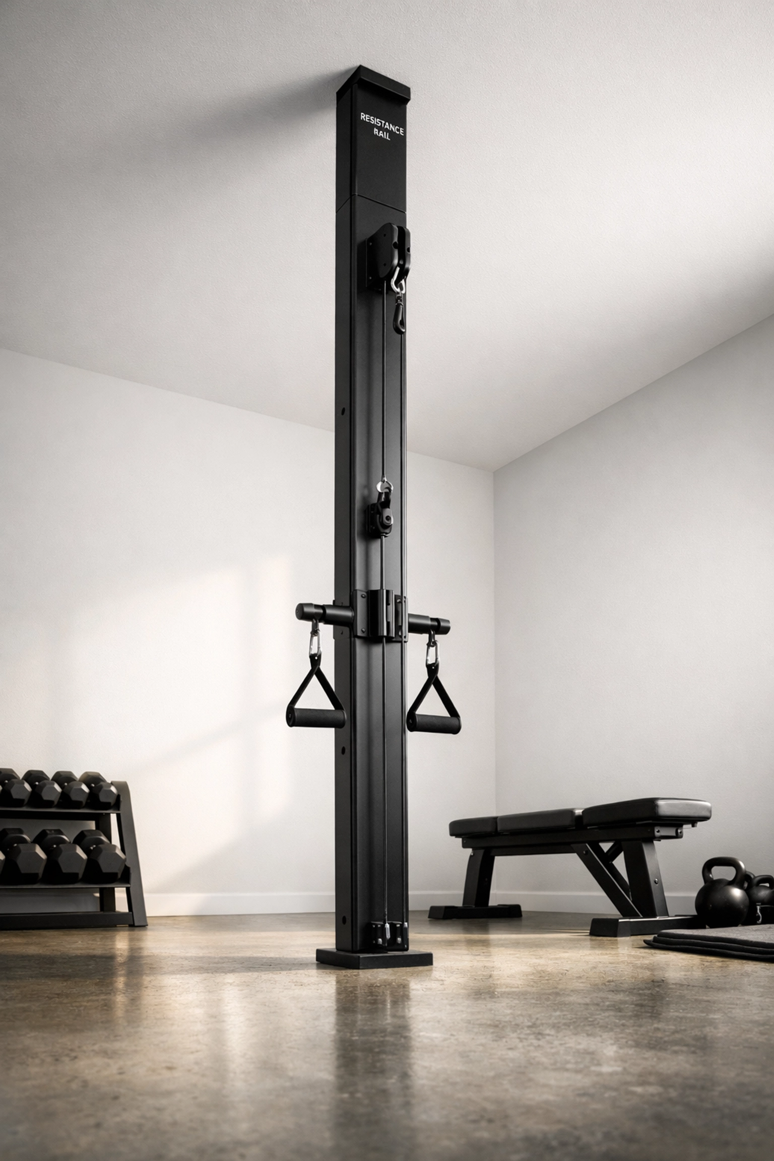 The Resistance Rail floor to ceiling gym system installed in a minimalist home workout space.