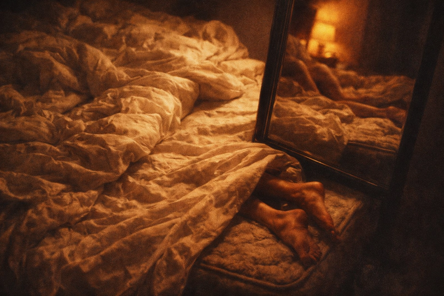 Messy white sheets with harsh shadows, skin-on-skin suggestion, 70s cinematic intimacy