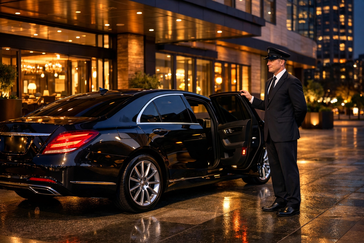 Luxury chauffeur service with black sedan at upscale hotel for executive travel
