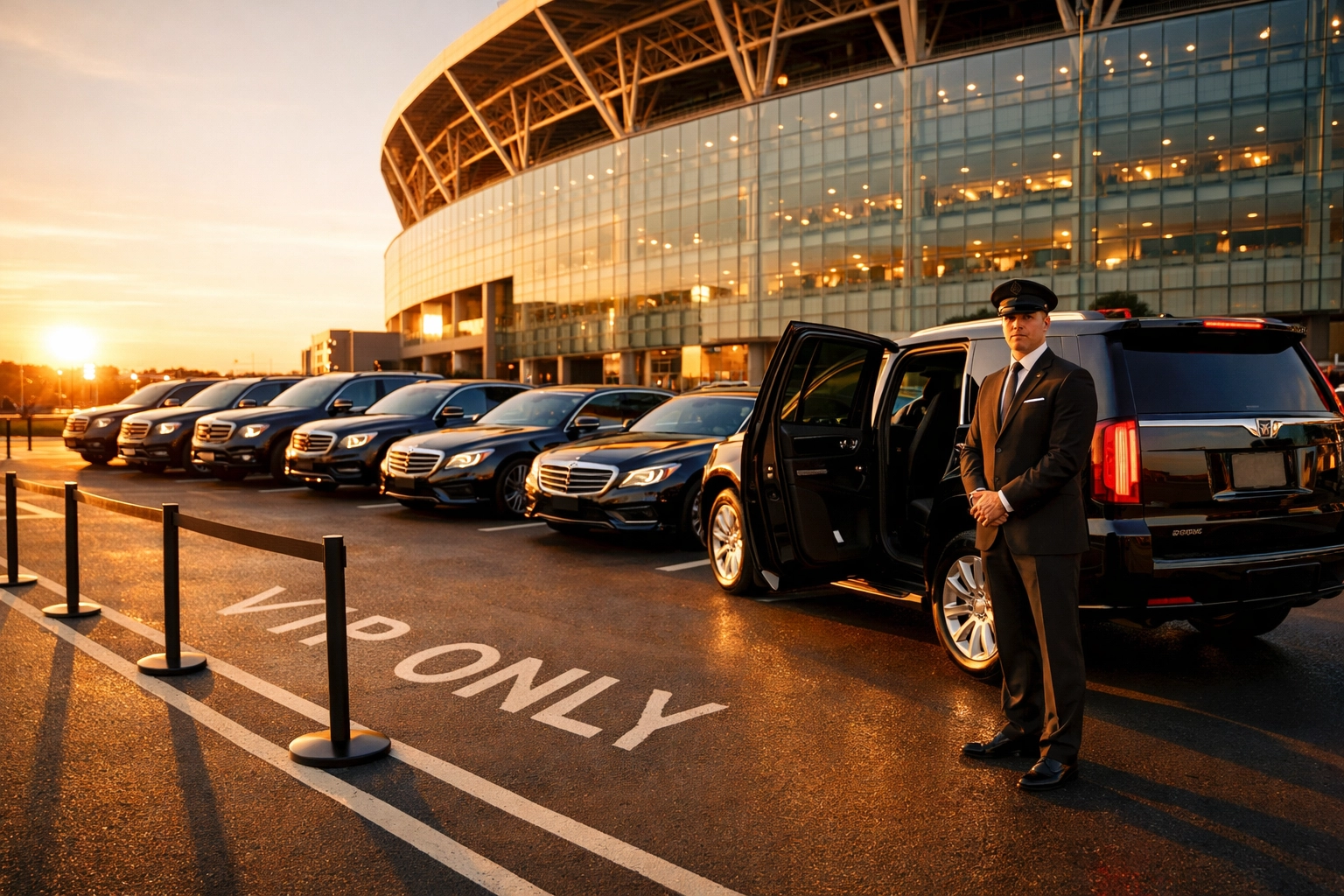 VIP luxury transportation and chauffeur service outside a stadium for executive travel.