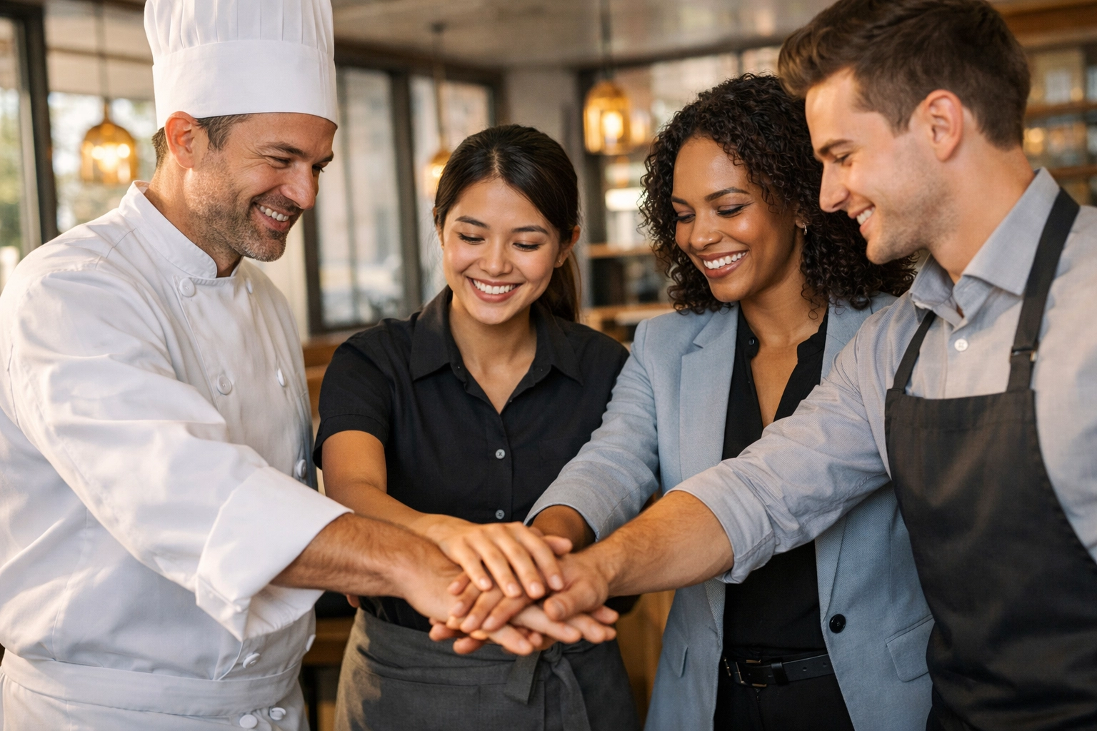 Diverse restaurant team in a respectful meeting to foster positive workplace culture and employment practices.