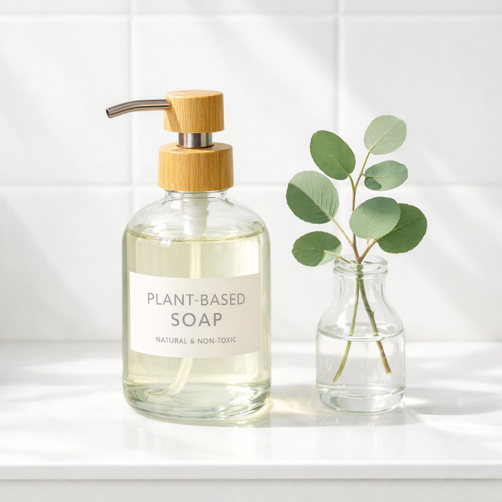 Clean wellness swap featuring plant-based products on a minimalist vanity for a low-tox healthy lifestyle.