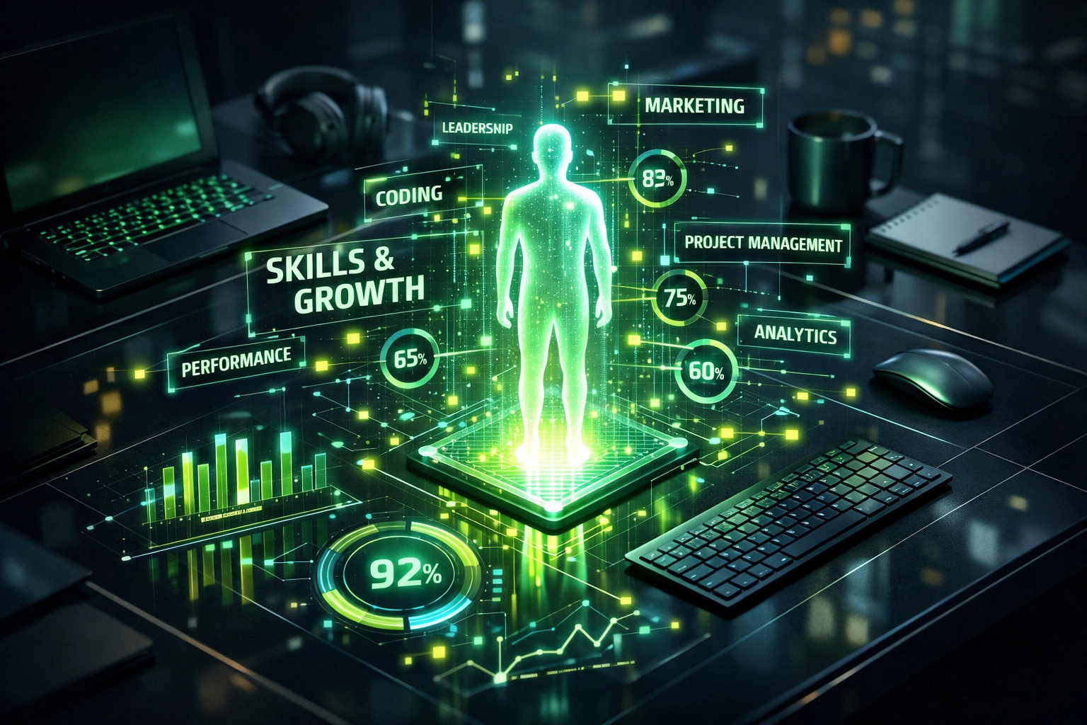 Digital professional profile glowing with data nodes representing career impact and LinkedIn skill optimization.
