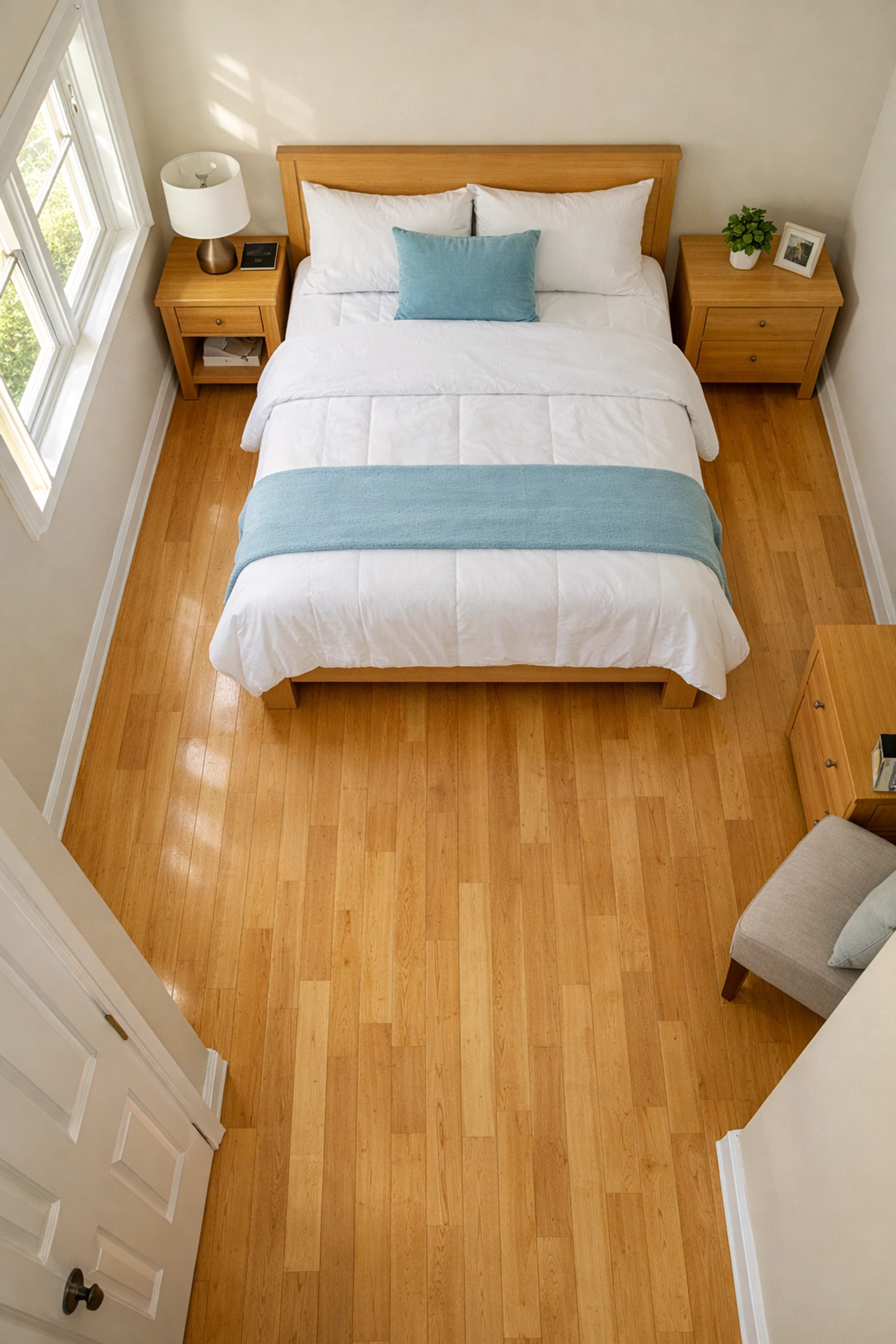 Overhead view of organized senior bedroom with clear pathways, wall-positioned bed, and clutter-free floor