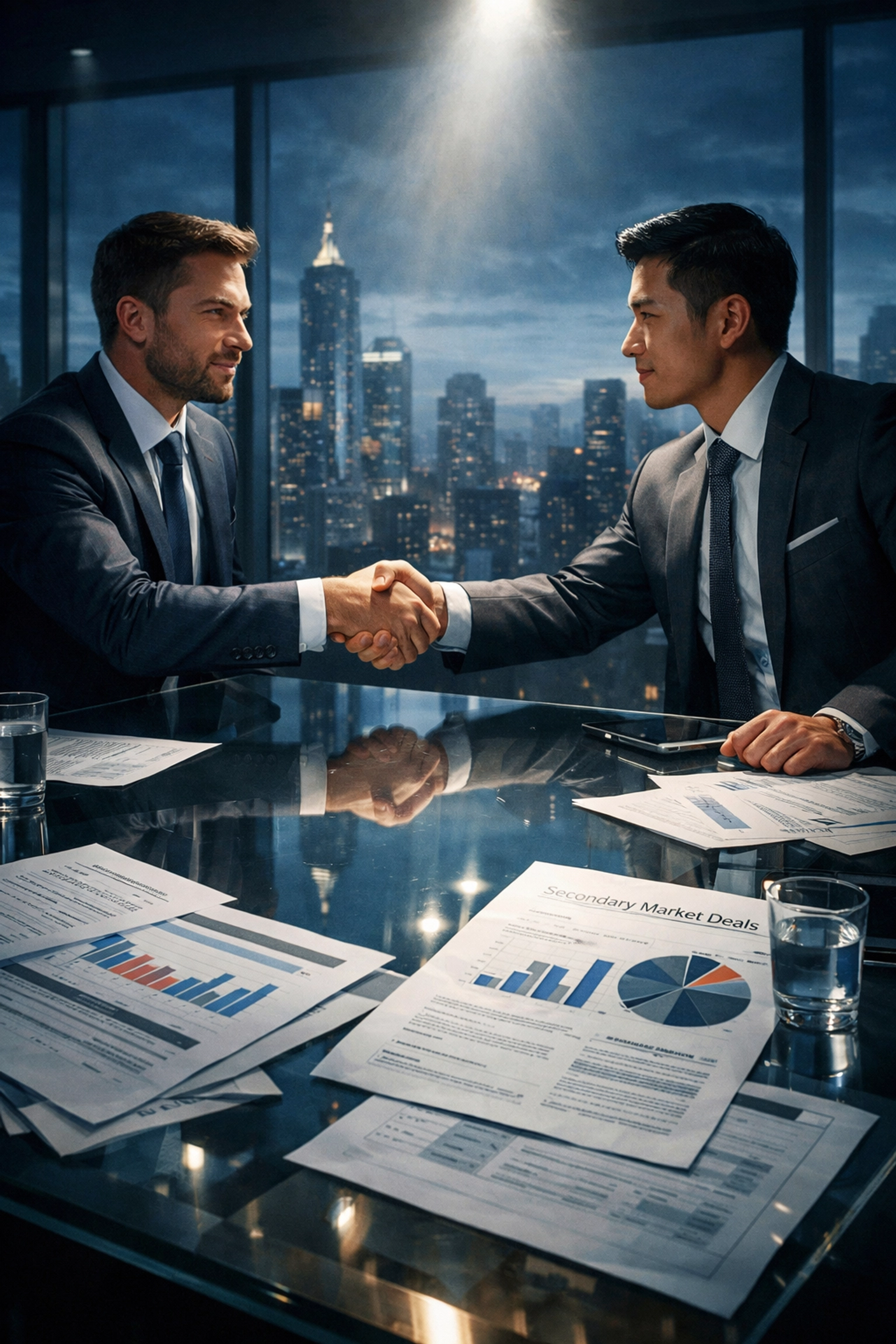 Business professionals shaking hands over secondary market investment documents with city skyline backdrop