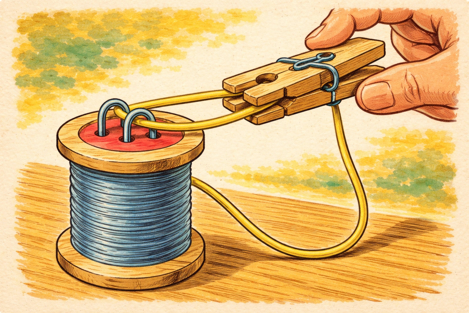 Close-up of a clothespin being attached to a rubber band on a thread spool, illustrating tractor toy assembly process