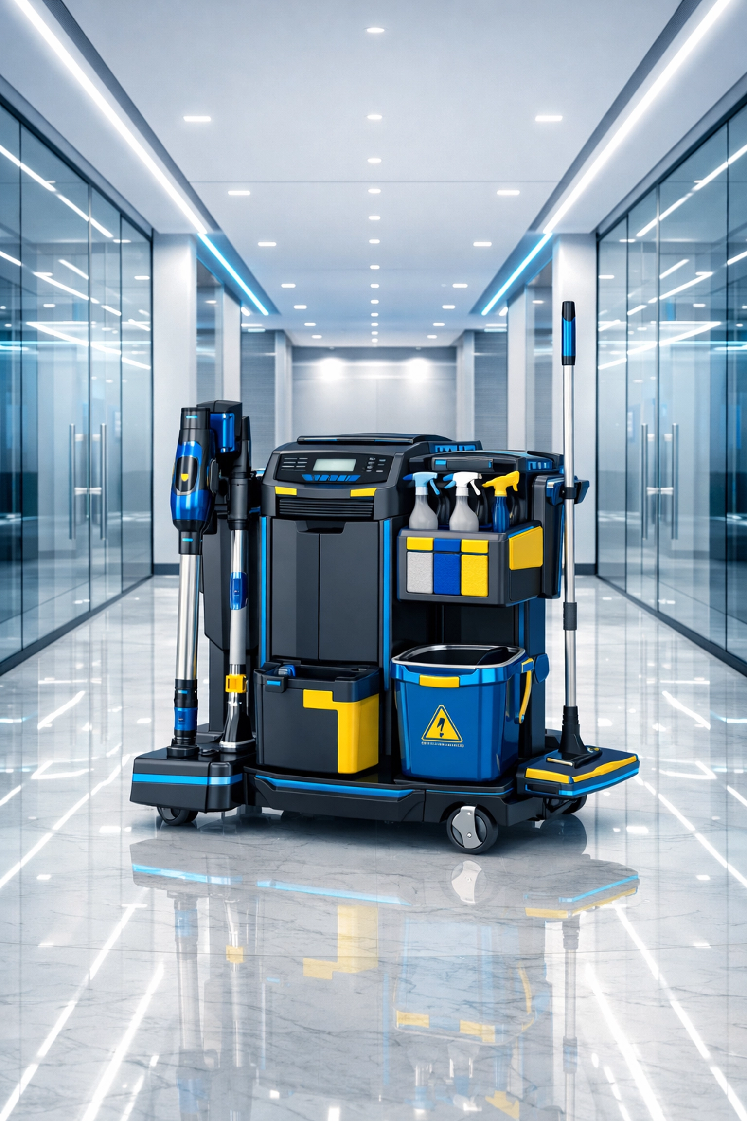 Professional cleaning equipment in a pristine corporate hallway managed by The Cleaning Ninjas.