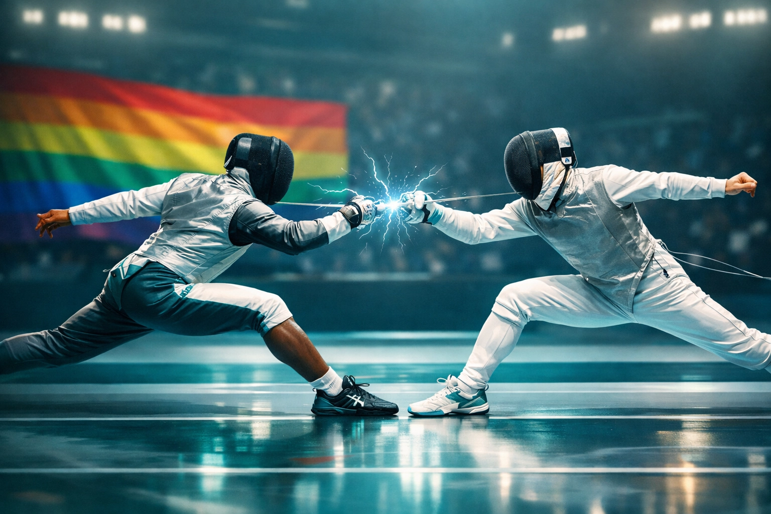 Two male athletes competing in modern fencing match with LGBTQ+ pride representation