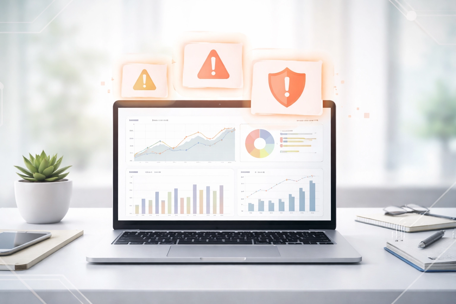 Modern office desk with laptop showing analytics and compliance alerts, emphasizing HIPAA digital marketing risks