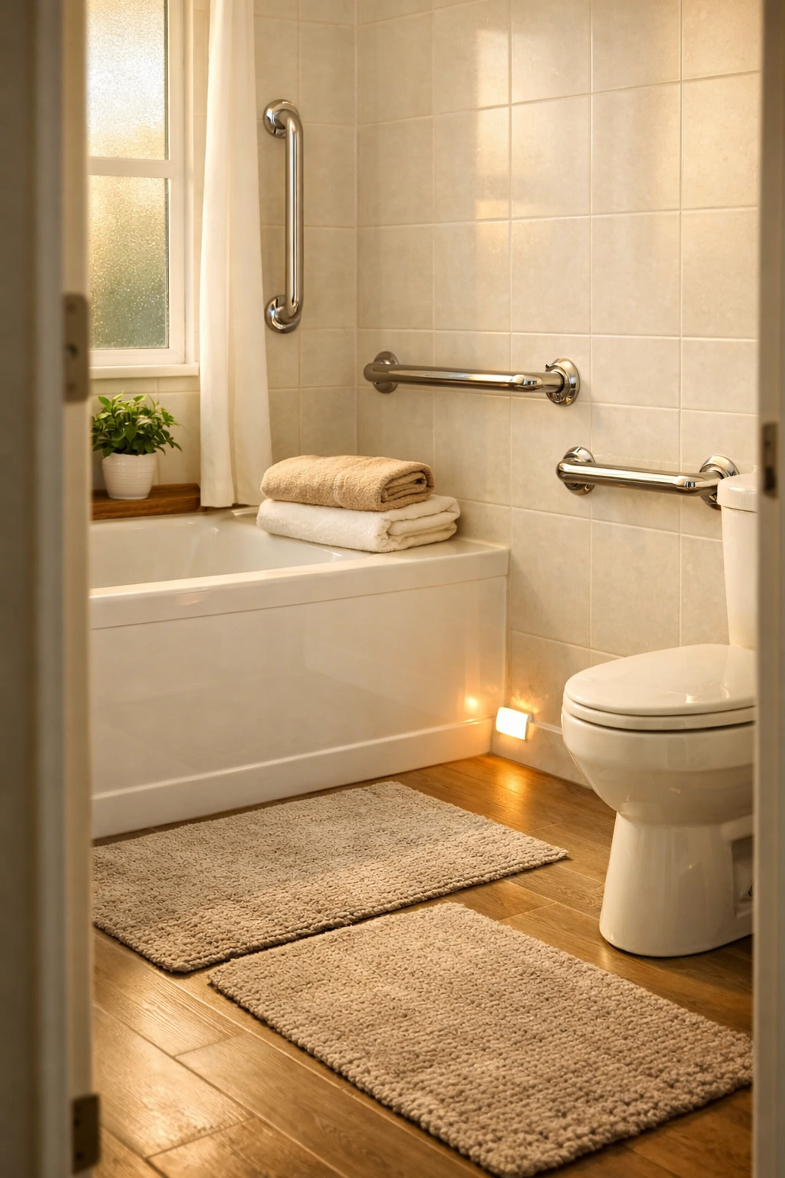 Bathroom with grab bars near toilet and tub, non-slip mats on floor, and nightlight for fall prevention
