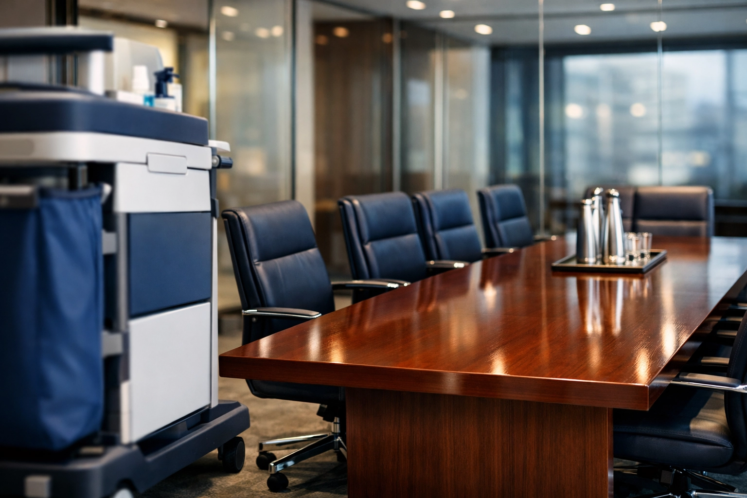 Immaculate Pittsfield conference room with a polished mahogany table, prepared by a reliable commercial janitorial team.