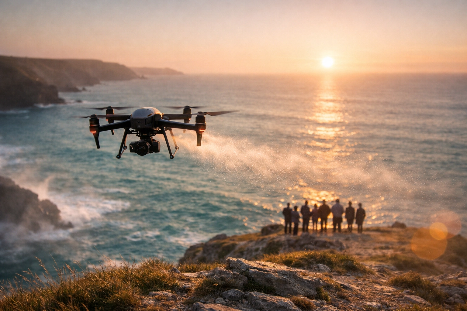 A professional drone disperses cremation ashes at sea during a peaceful sunset memorial service.