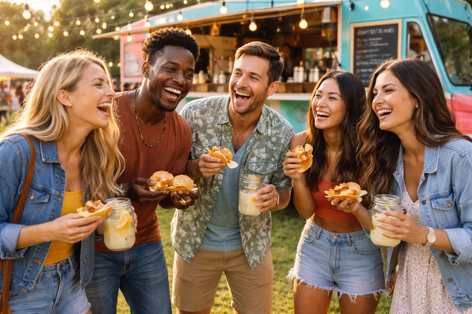 Friends enjoying food trucks at Flowertown Festival, sharing tacos and lemonade in a festive outdoor setting