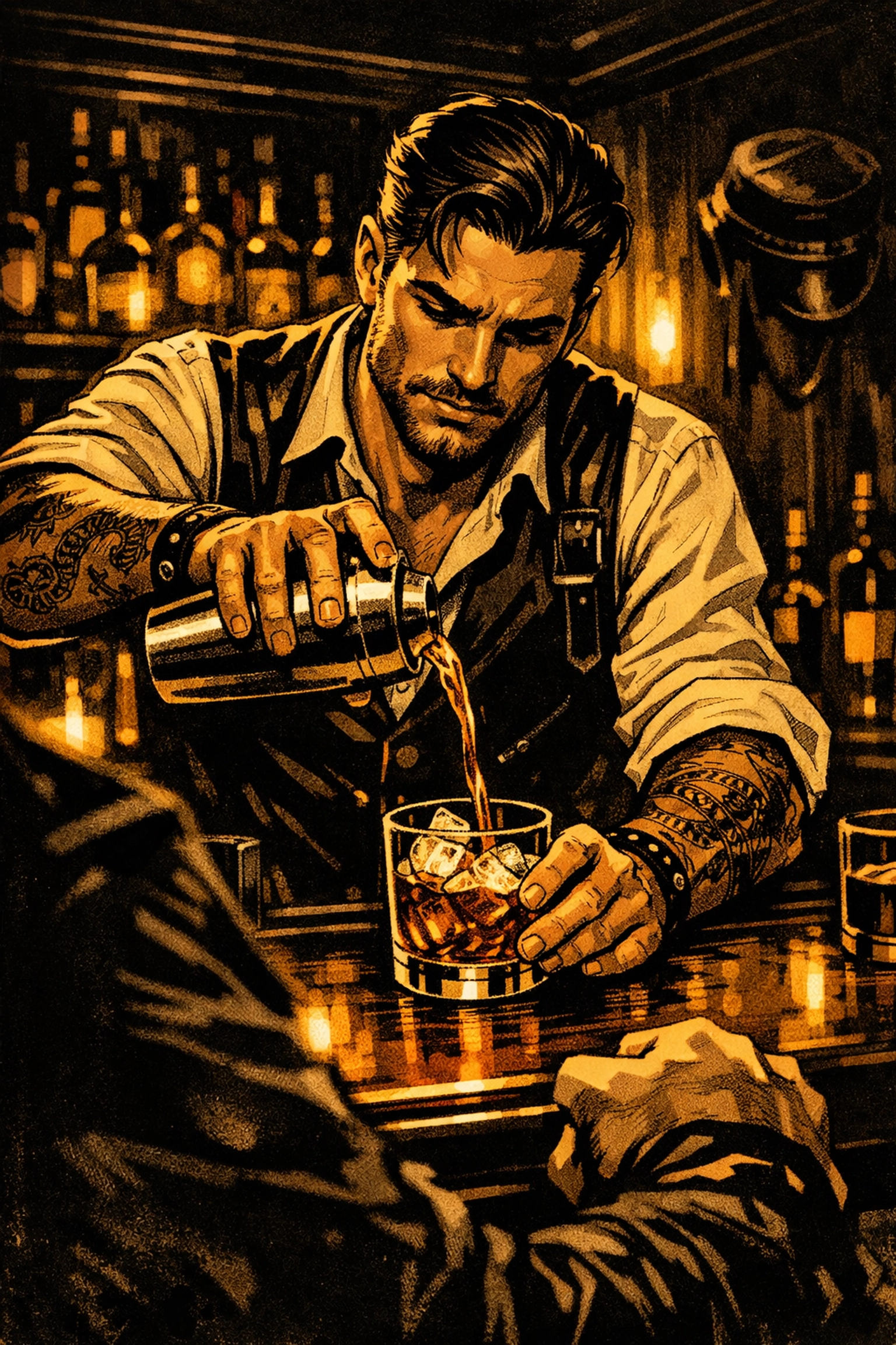 Handsome gay bartender in atmospheric leather bar setting from MM romance fiction