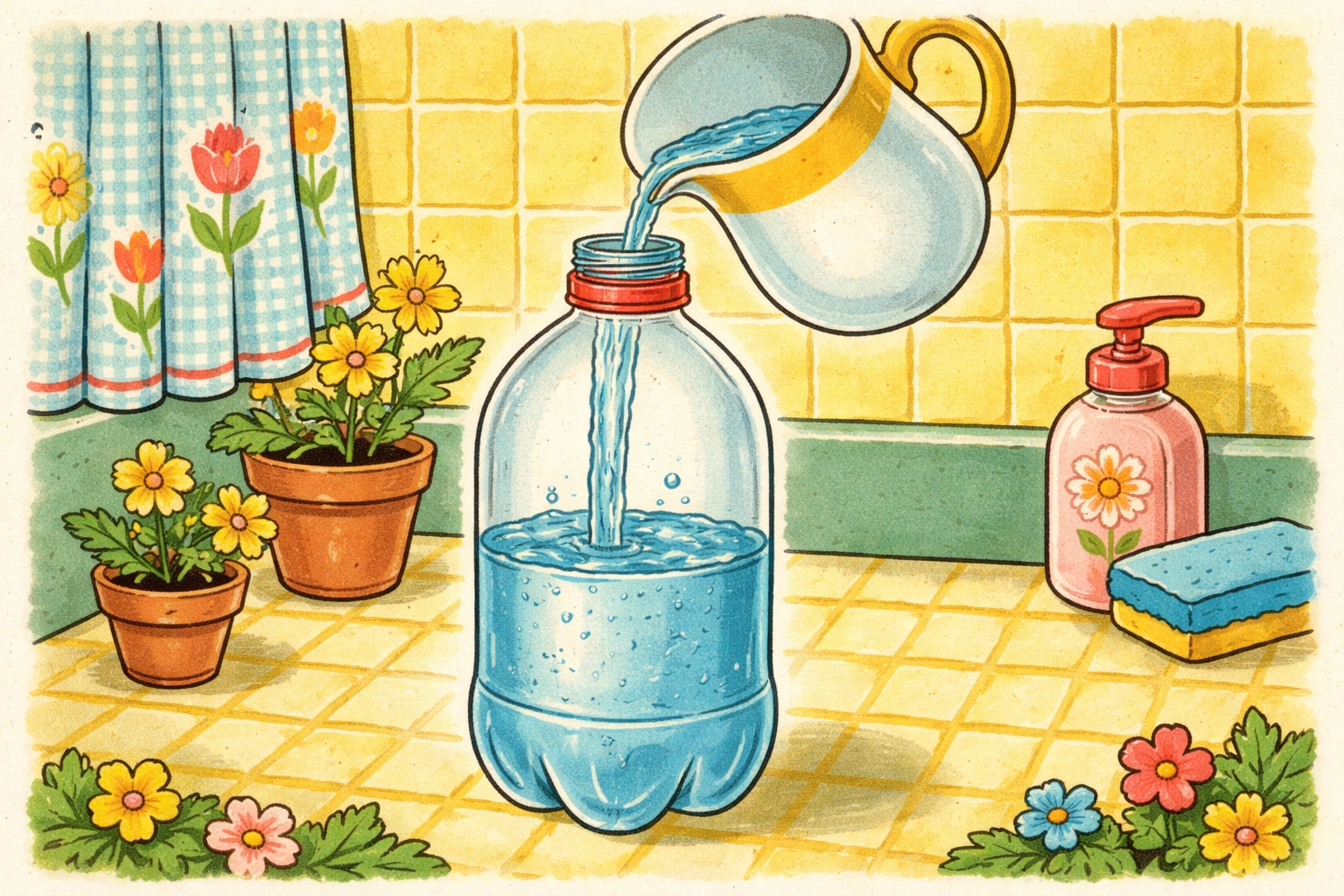 Whimsical 1950s storybook-style illustration of the bottom half of a 2-liter bottle being filled with water for a hydroponic reservoir