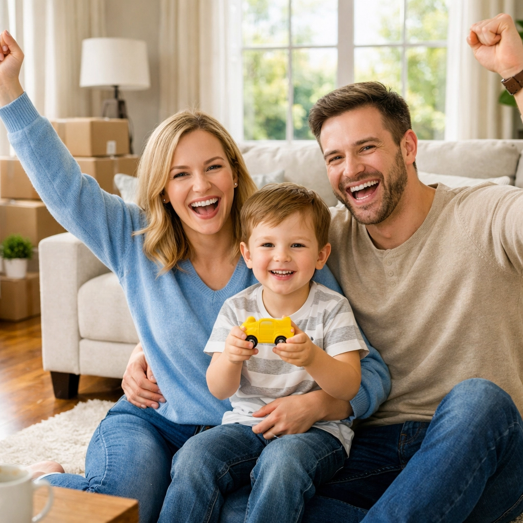 A happy family in a spotless living room after professional move-in deep cleaning in Lexington MA.