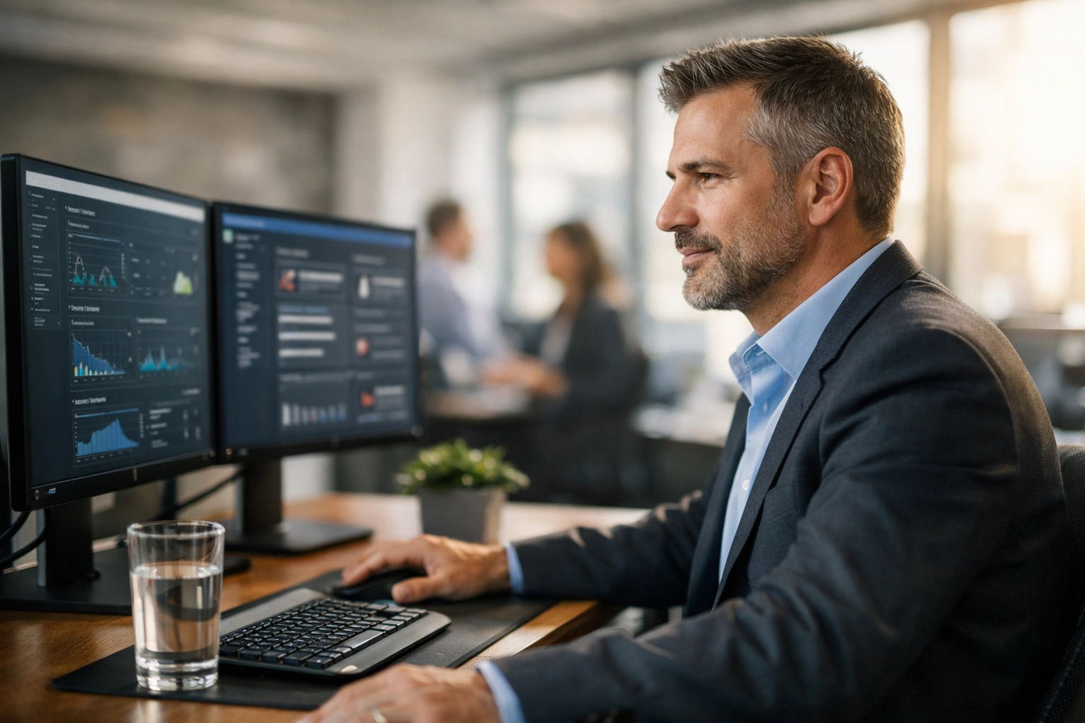 Professional MSP business owner researching content strategies for managed services consulting in a modern office.