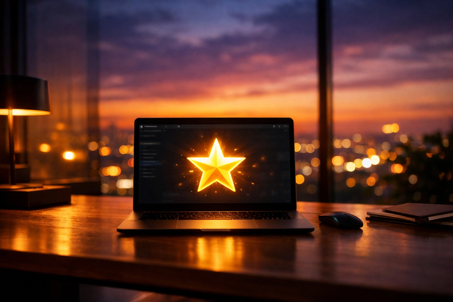 A laptop in a modern office displaying a unique brand icon to represent branded search and social media growth success.