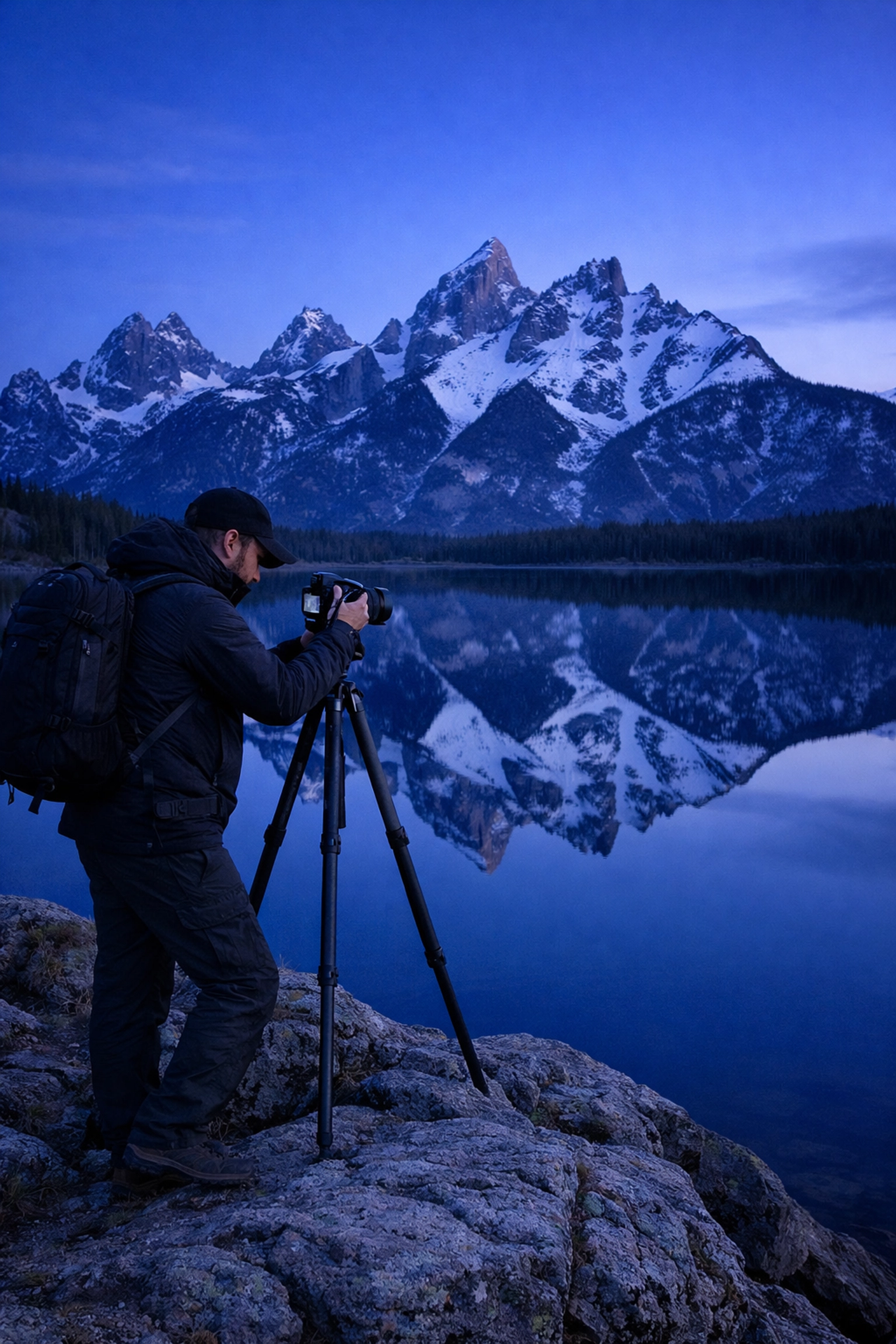 Photographer capturing the Teton Range at blue hour, one of the best photography locations in the US.
