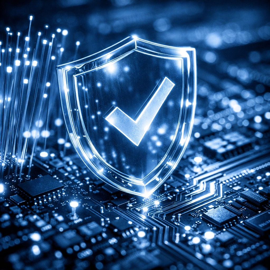 Digital security shield overlaying a circuit board symbolizing business email security and verification.