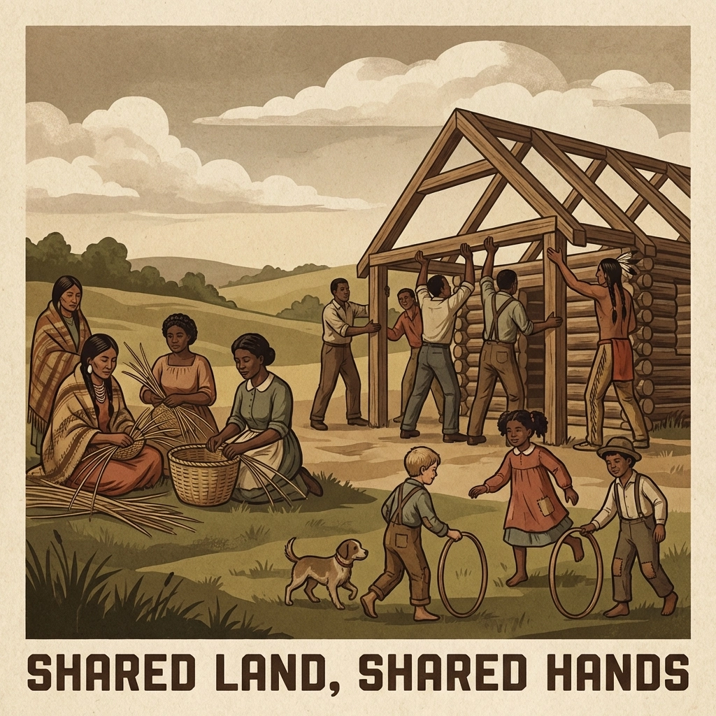 Historical illustration of Black and Native Americans building a shared 19th-century settlement, symbolizing unity and cooperation