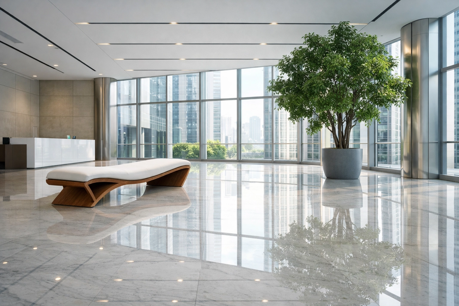 Pristine Midwest office lobby with polished floors showcasing professional cleaning standards for property managers.