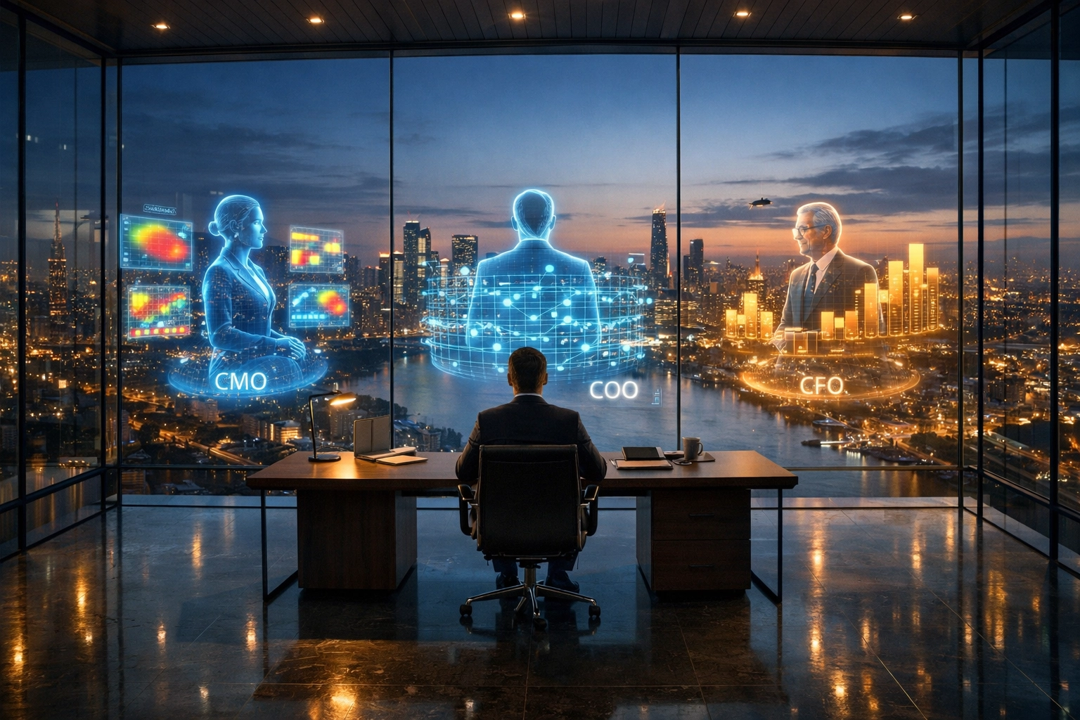 A solopreneur managing their business using AI-driven holographic avatars for marketing, operations, and finance.