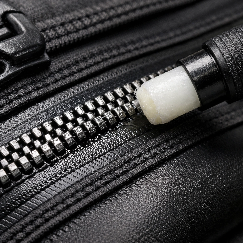 Reißverschluss eines Trockentauchanzugs mit Spezialwachs behandeln