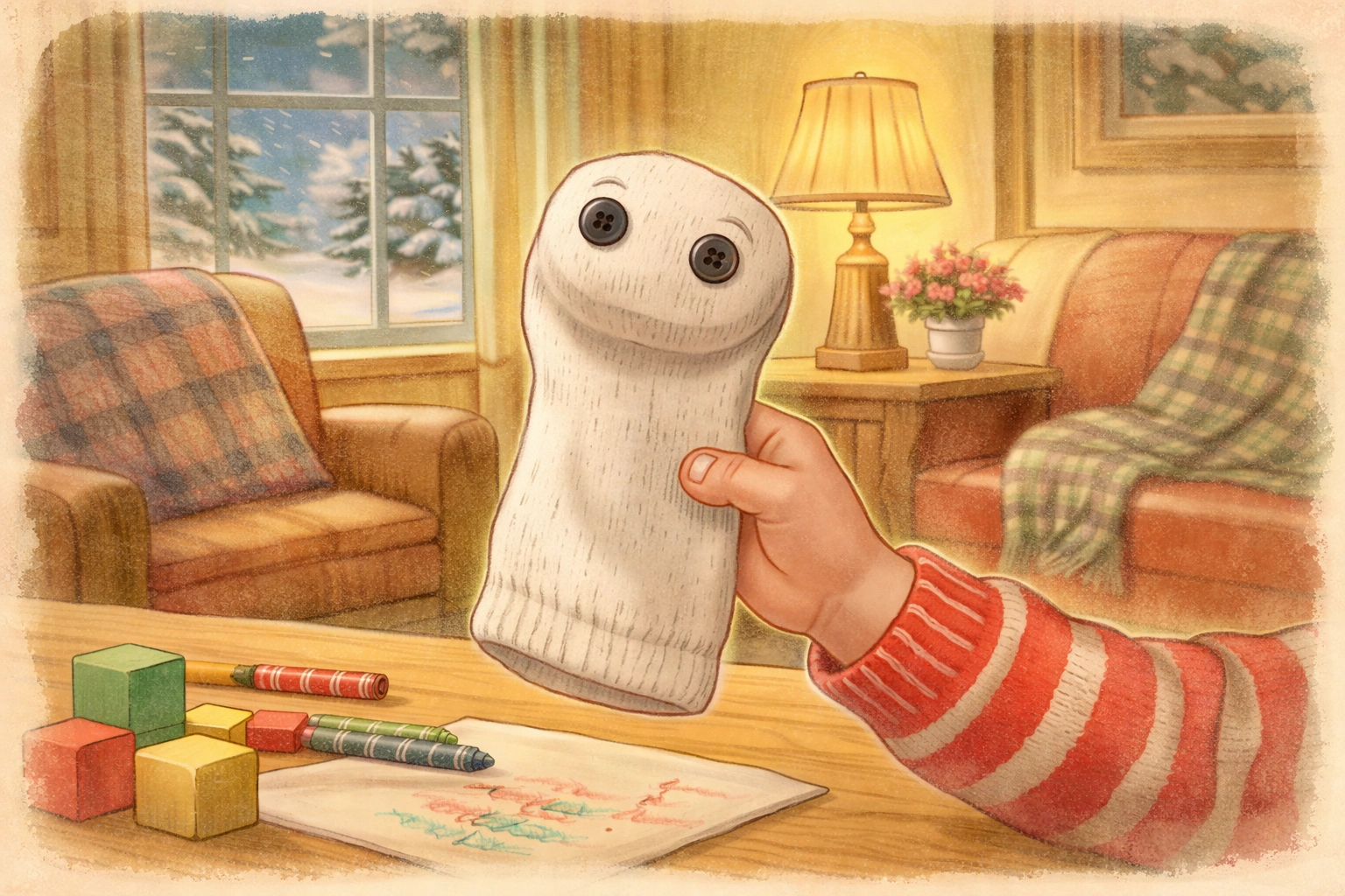 A child’s hand wears a colorful striped sock puppet with button eyes, sitting indoors on a snowy day, showcasing no-sew snow day crafts.