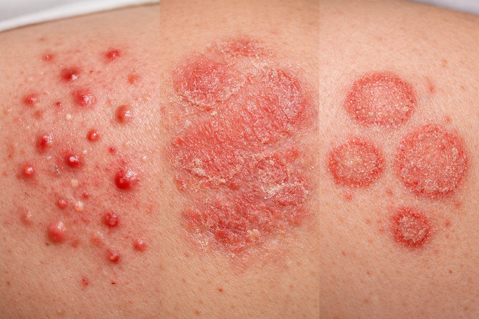 Common skin conditions including acne, eczema, and fungal rash shown side by side